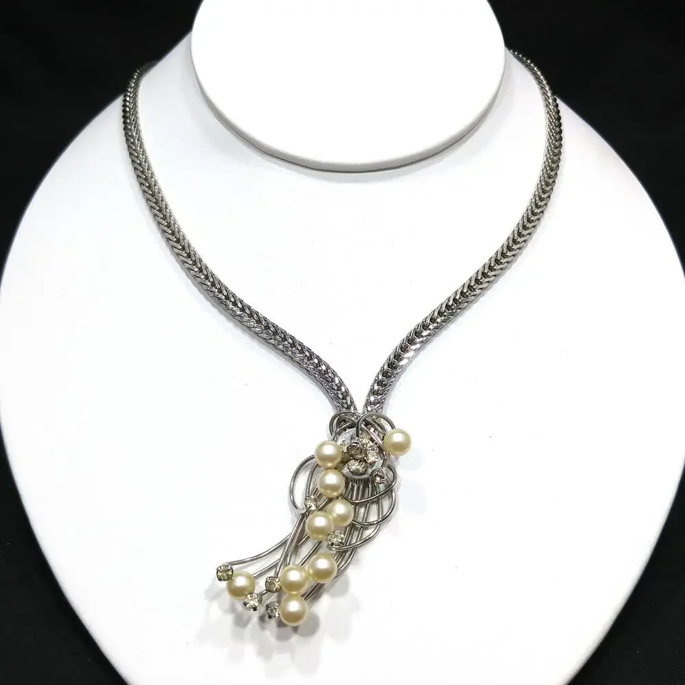 Vintage Hobé Pearl Rhinestone Modernist Necklace 16 Inch